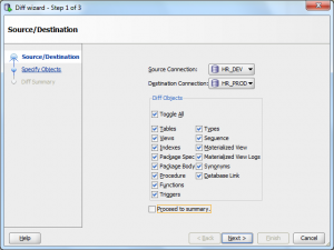 Oracle SQL Developer: Diff Wizard Source and Destination page