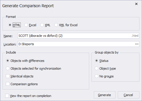 Multiple formats for generating comparison reports
