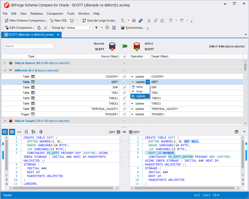 The new visual style of Schema Compare and Data Compare for Oracle