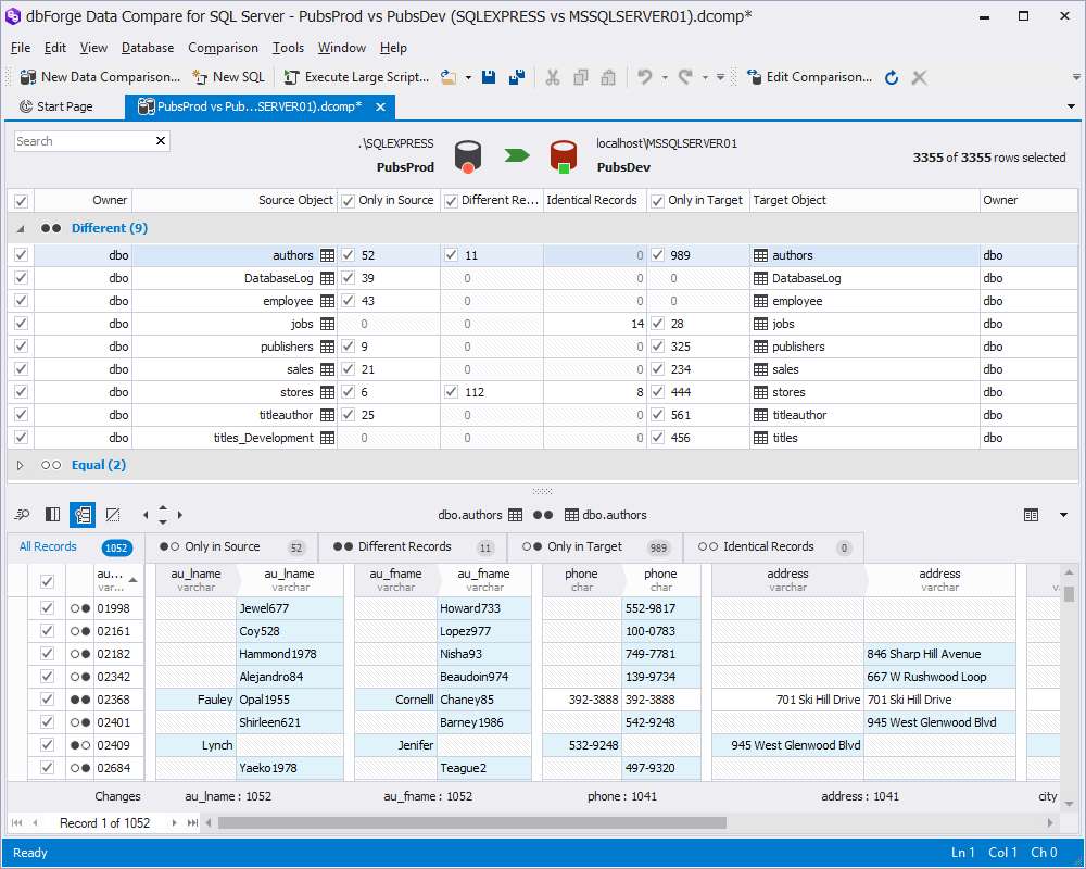 The new design of dbForge Data Compare allows to view the differences in more conveniently