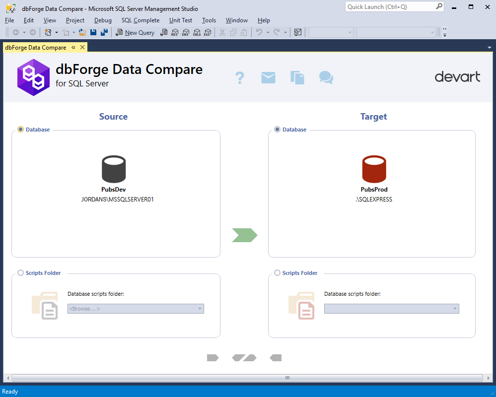 Selecting a scripts folder as Source and Target with dbForge Data Comparison add-in for SSMS