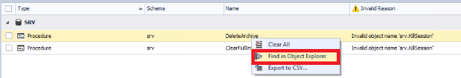 Select the 'Find in Object Explorer' option in the table