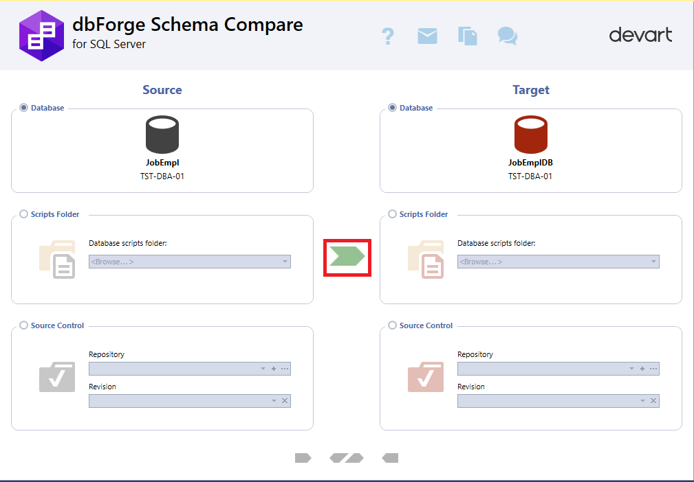 Comparing database schemas with dbForge Schema Compare that integrates into SSMS