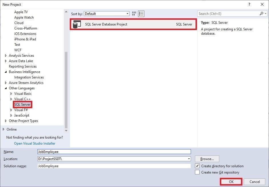 Creating a new SQL Server database project