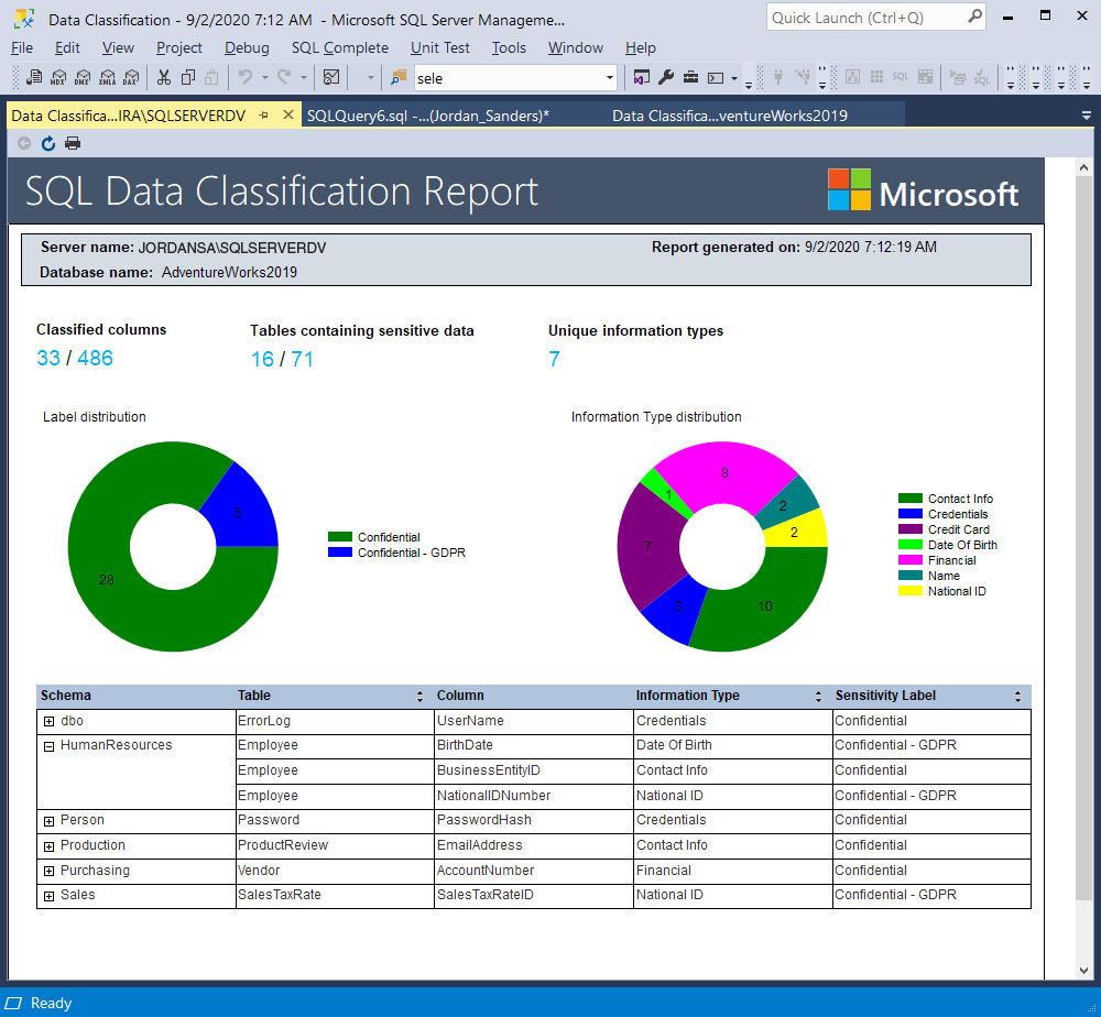 SQL Data Classification Report in SSMS