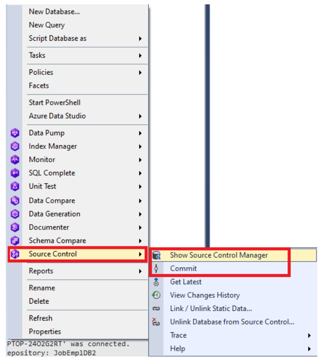 Committing changes to the source control uisng the Source Control tool