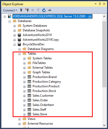View a list of tables available on the selected database in SSMS