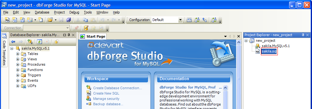 The start page of dbForge Studio for MySQL
