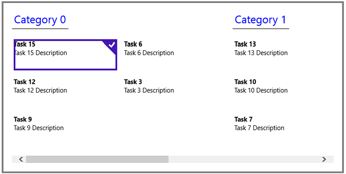 Task list, grouped by categories