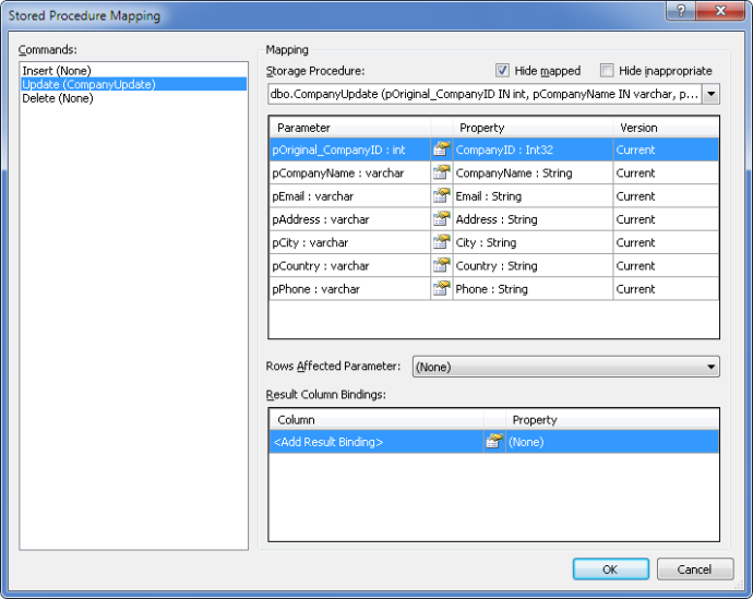 Stored Procedure Mapping dialog box