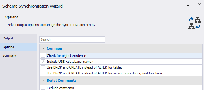 A list of options that allow you to customize schema synchronization within dbForge Studio for MySQL