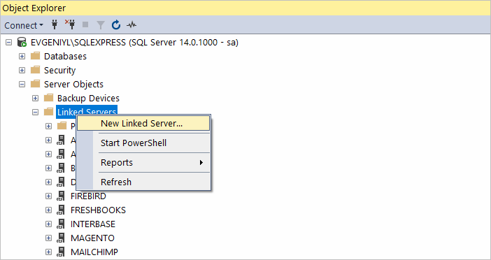 New linked server in SSMS