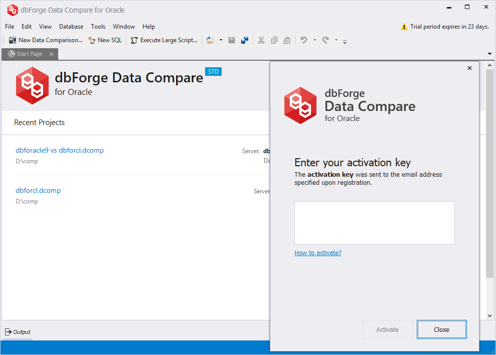 The new trial activation mechanism in dbForge Compare Bundle for Oracle