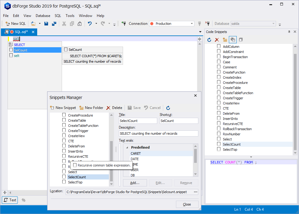 SQL Snippets Manager in dbForge Studio for PostgreSQL