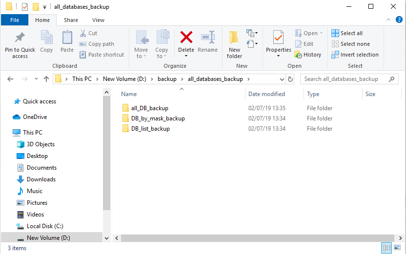 Three corresponding folders with SQL files