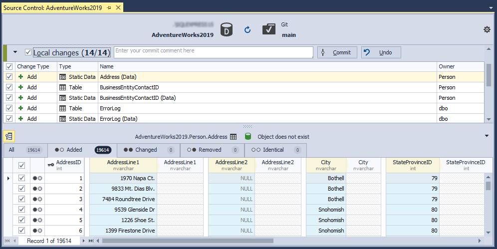View static data objects in the Local changes section of Source Control Manager