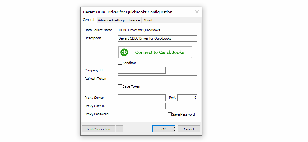 Connection Settings - ODBC Driver for QuickBooks
