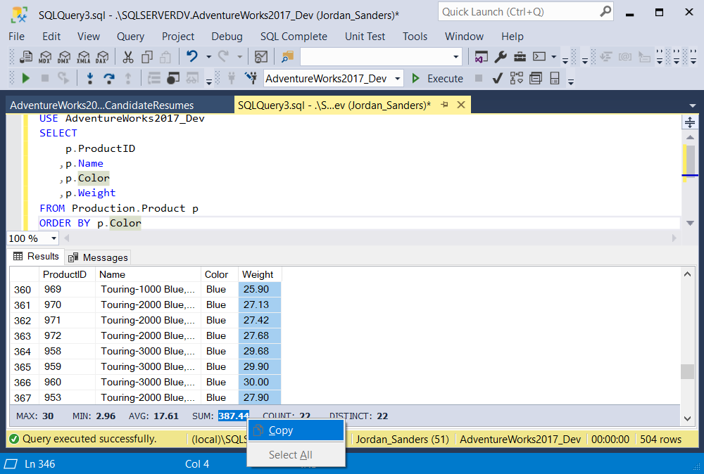 The Copy command on the context menu within SQL Complete