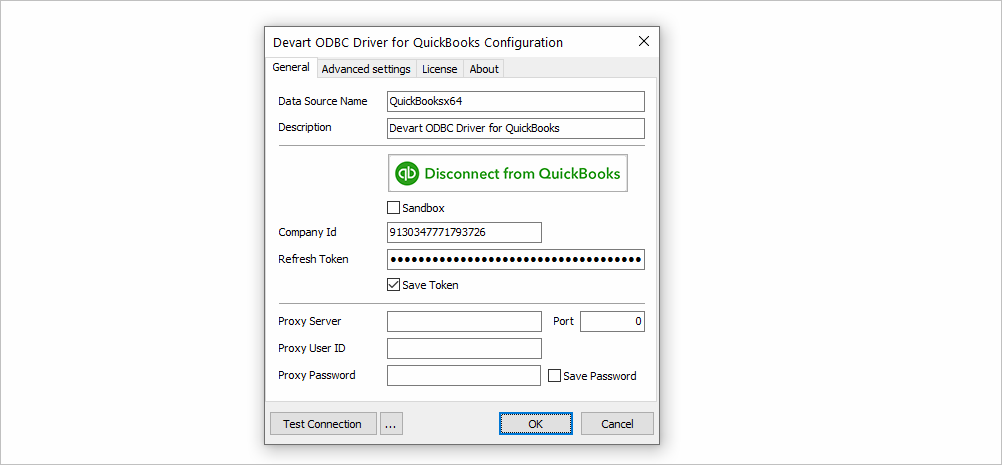Filled Connection Options in ODBC Driver for QuickBooks