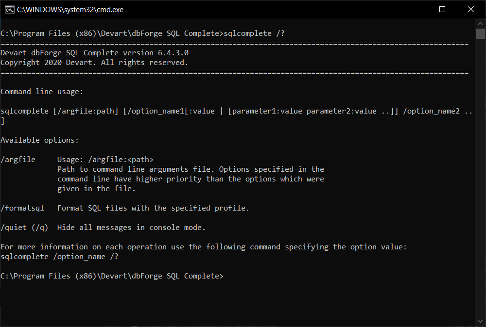 The improved command-line HELP information in SQL Complete 6.4