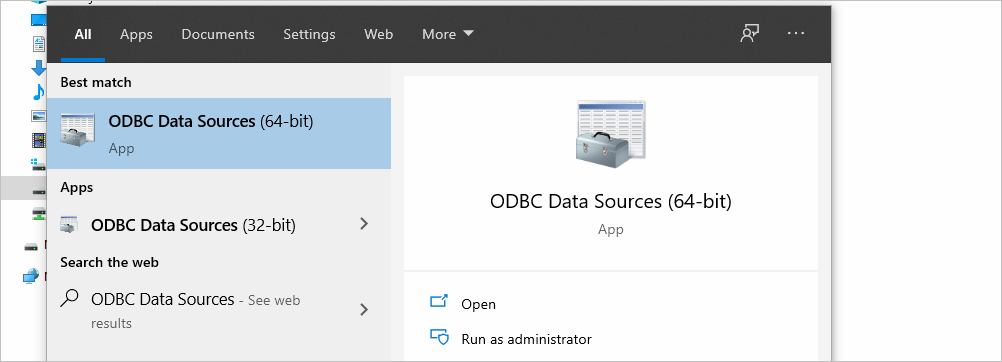 ODBC Data Source in Windows Search Bar