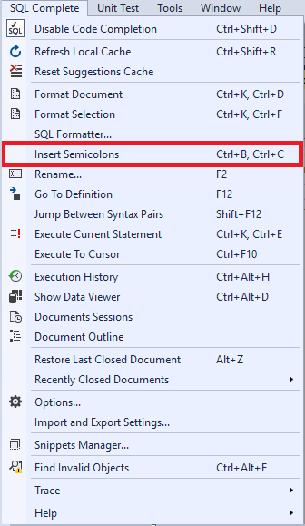 Selecting  the Insert Semicolons command from the SQL Complete menu