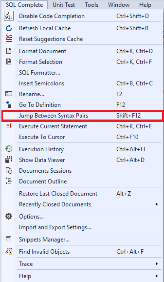 Selecting the Jump Between Syntax Pairs command in the SQL Complete menu
