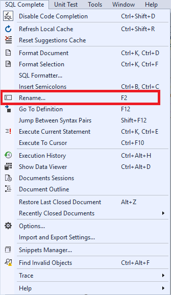 Selecting the Rename command in the SQL Complete menu