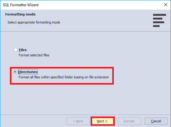 The Directories option in the  SQL Formatter Wizard