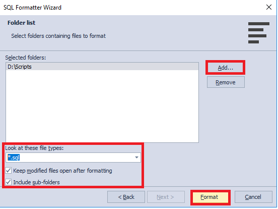 The Folder list window of the SQL Formatter Wizard