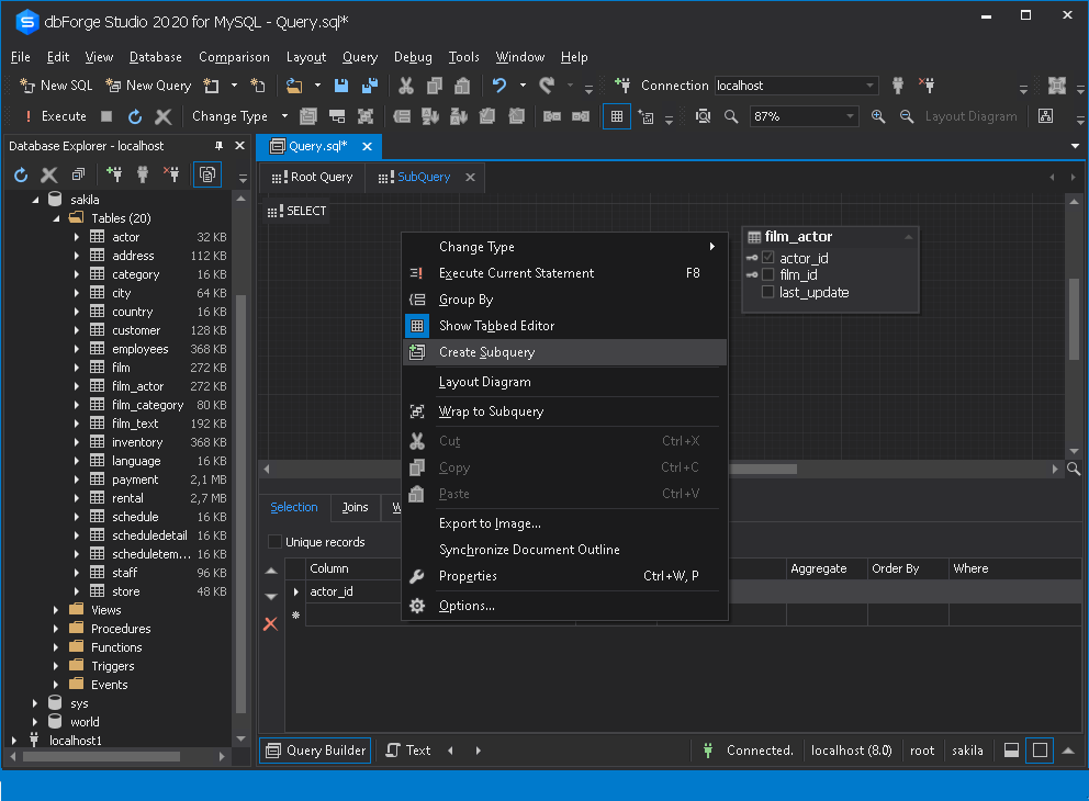 sql studio create subquery