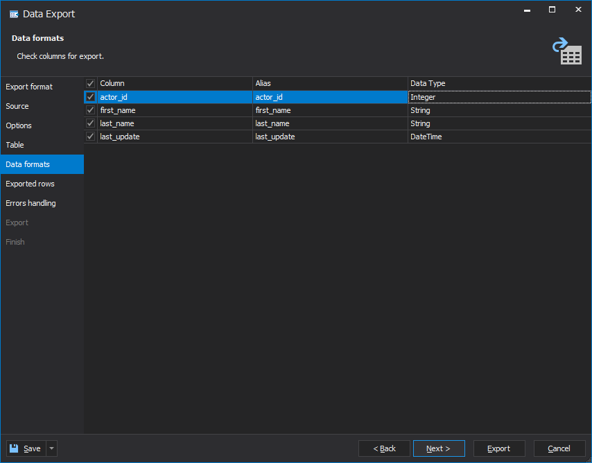 Select columns to be exported