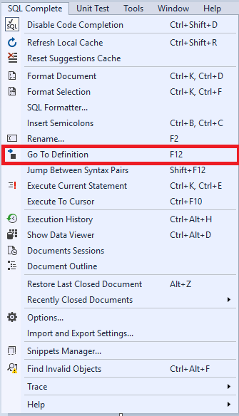 Selecting the Go to Definition command in the SQL Complete menu