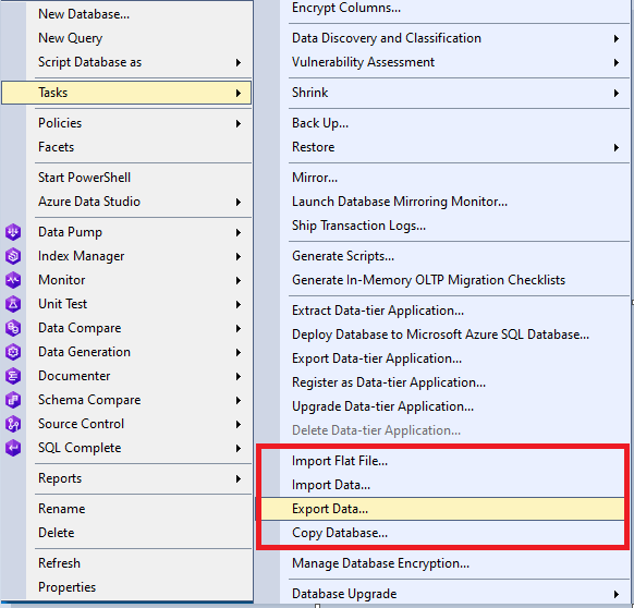 Import and export data command in SSMS