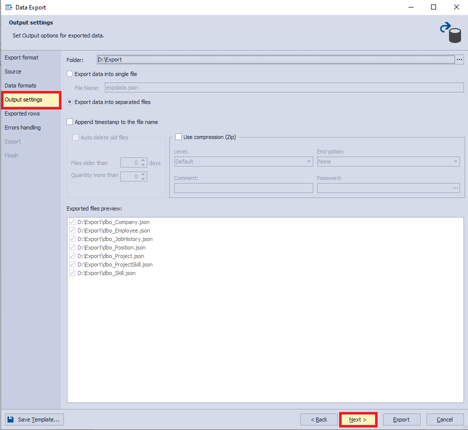 Configure the output parameters of the data to export