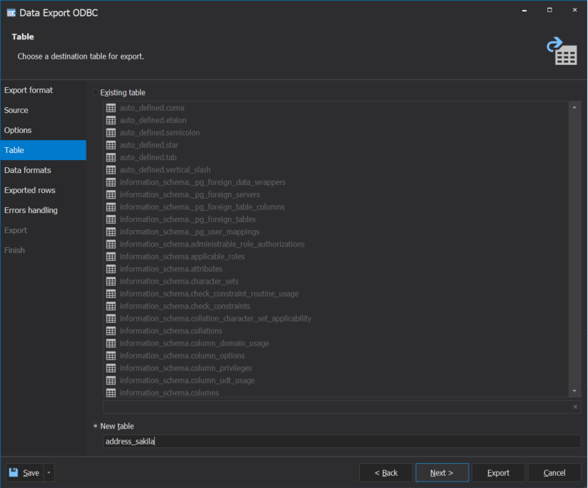 MySQL export to PostgreSQL - selecting target table