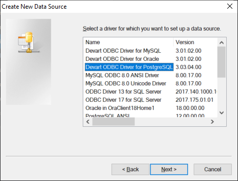 MySQL migrate to PostgreSQL - select driver from a list