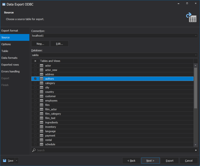 Select a connection, a database, and a table and/or view to be moved