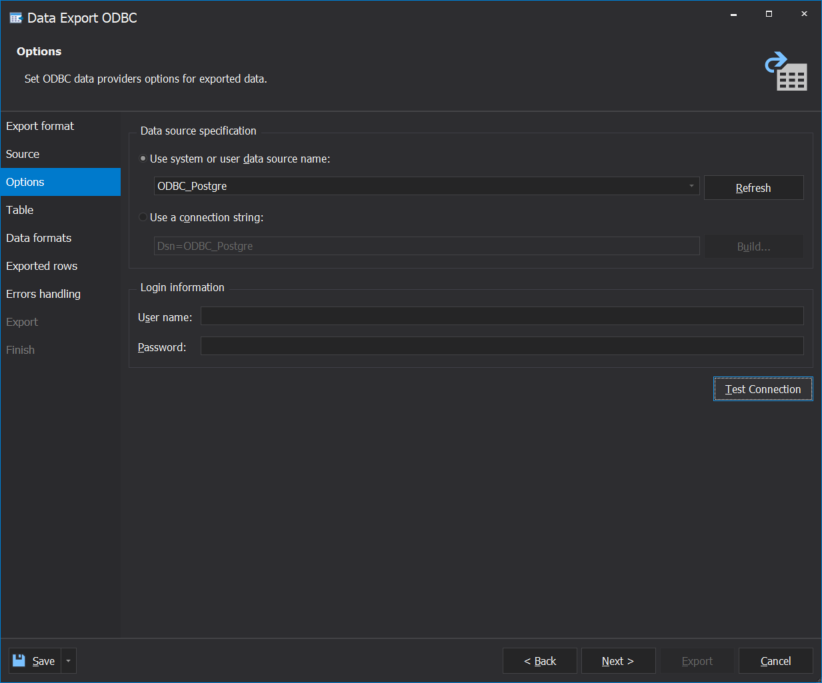 ODBC driver options - Data Export Wizard
