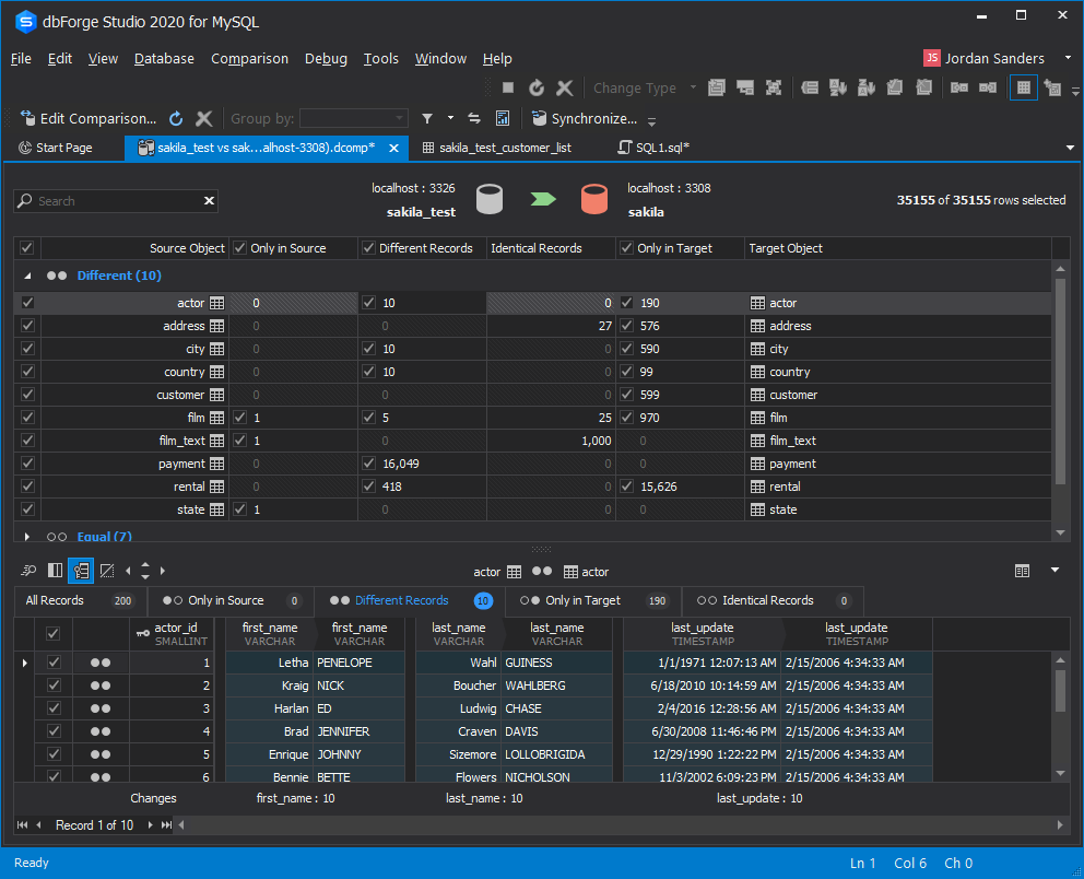 Data and Schema Compare solutions bring out the best features of working with MySQL database