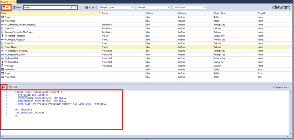 The result of the search for all “Project” substring entries
