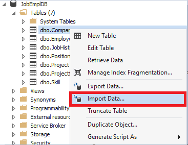 Data import on the table level