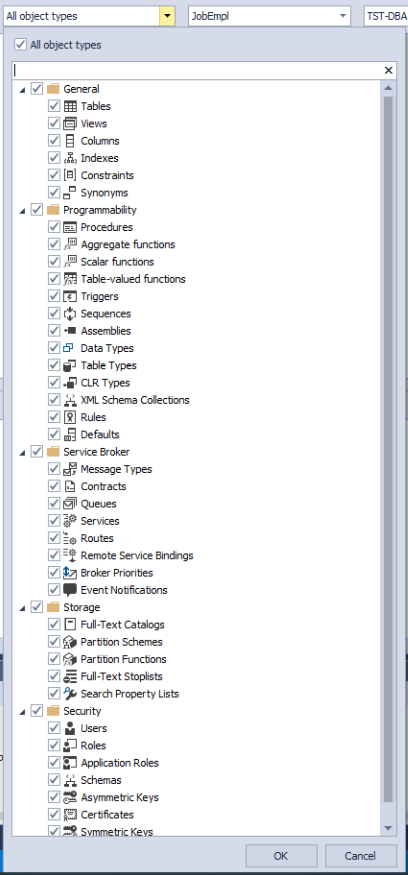 Selecting the types of objects to be searched in SQL database