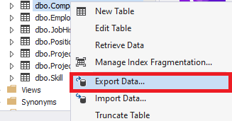 Selecting data export on the table level