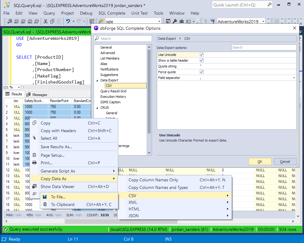 SQL Complete 6.6 - CSV export settings