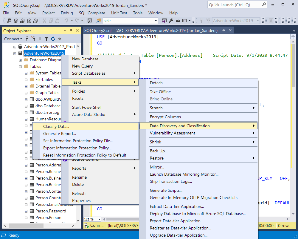 Calling Classify Data command in SSMS