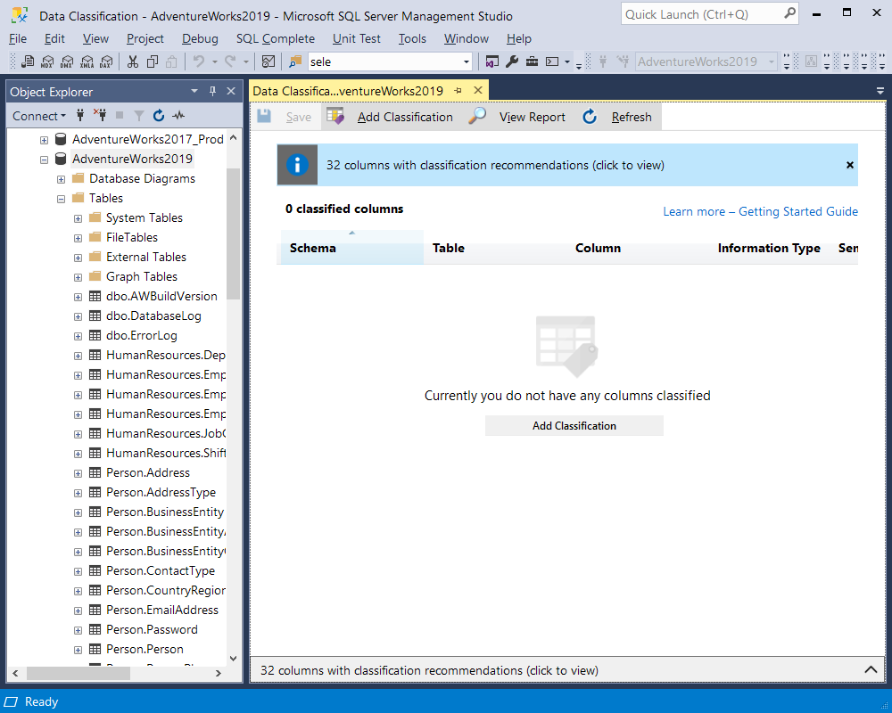 The window shows there are 32 columns with classification recommendations in the database