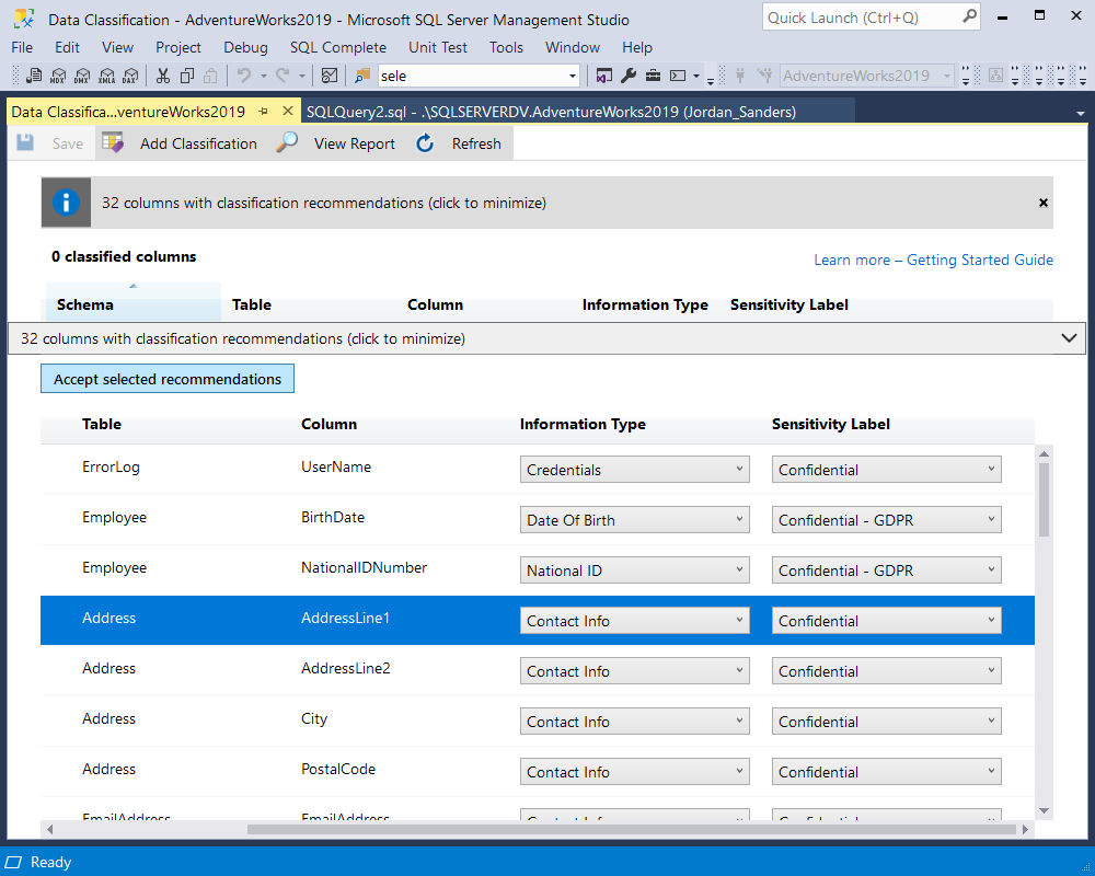 Setting the options of data sensitivity for columns in a SQL Server database