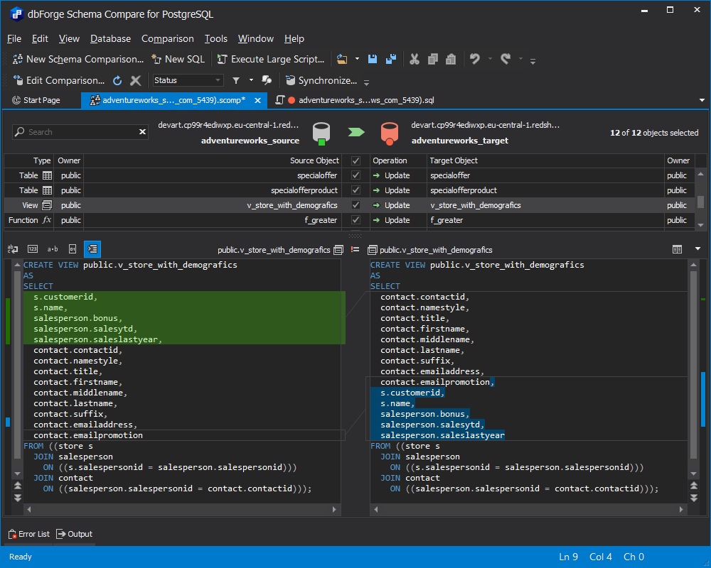 View DDL differences in database objects