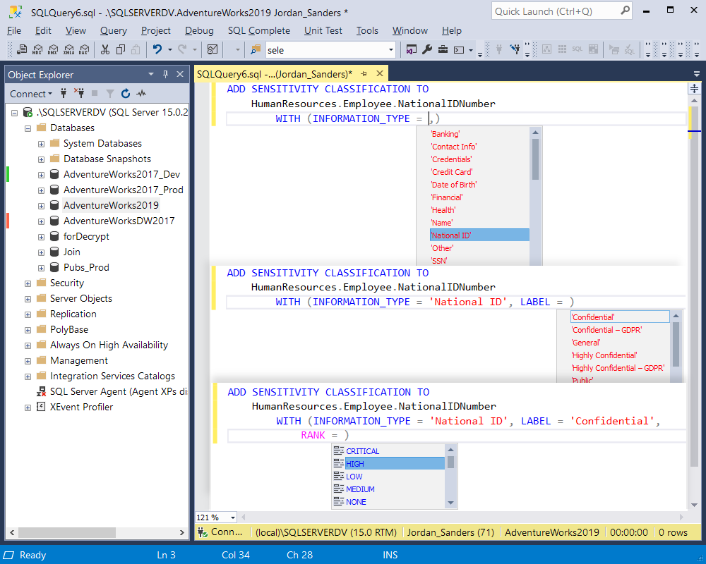 ADD SENSITIVITY CLASSIFICATION command in SQL Server 2019